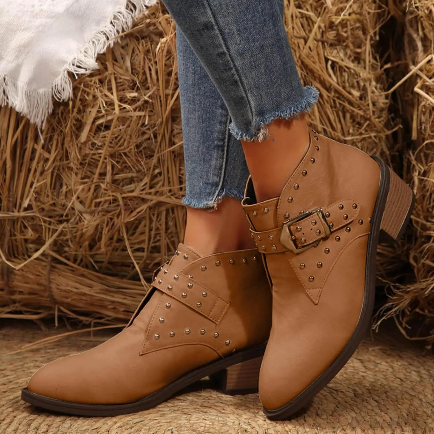Ankle Boots for Women, Women's Cowboy Boots Low Chunky Heel Short Boots Comfortable Pointed Toe Cowgirl Booties