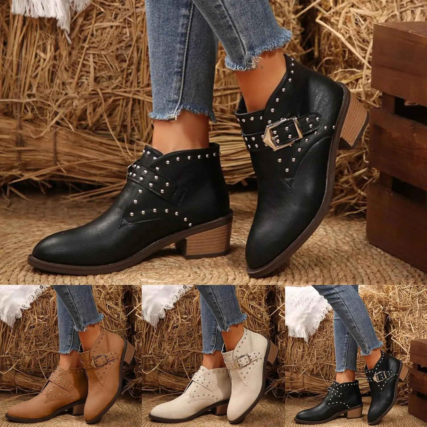 Ankle Boots for Women, Women's Cowboy Boots Low Chunky Heel Short Boots Comfortable Pointed Toe Cowgirl Booties