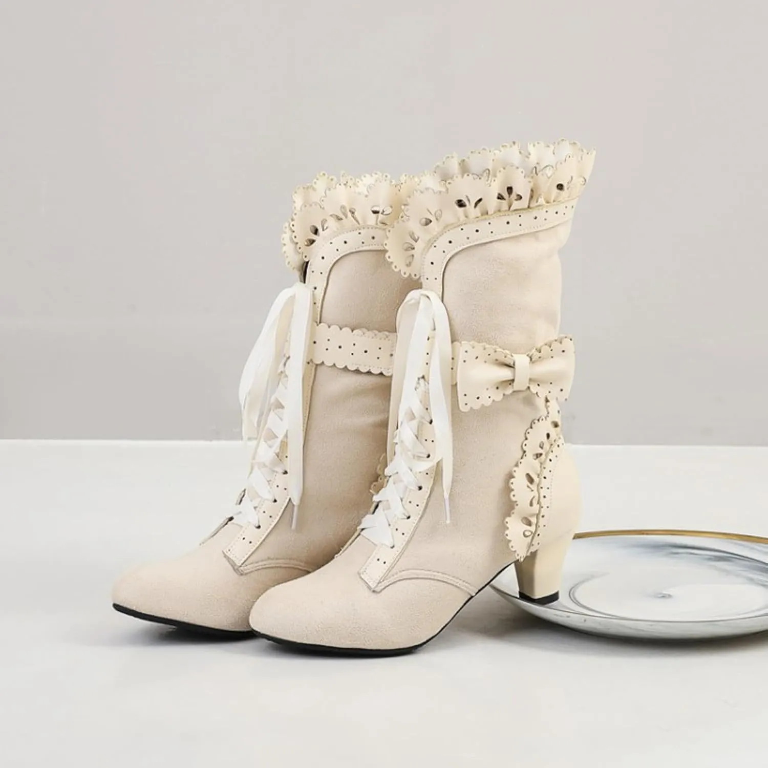 Cathalem Victorian Boots for Women Vintage Bow Ruffles Goth Boots Costume Vintage Lace up Boots with Zipper 70S Retro Boots