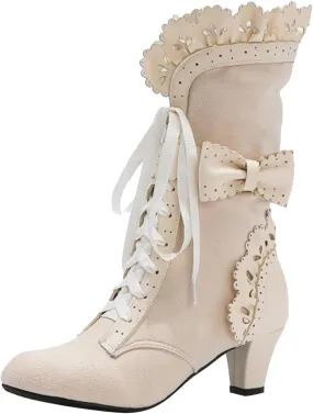 Cathalem Victorian Boots for Women Vintage Bow Ruffles Goth Boots Costume Vintage Lace up Boots with Zipper 70S Retro Boots