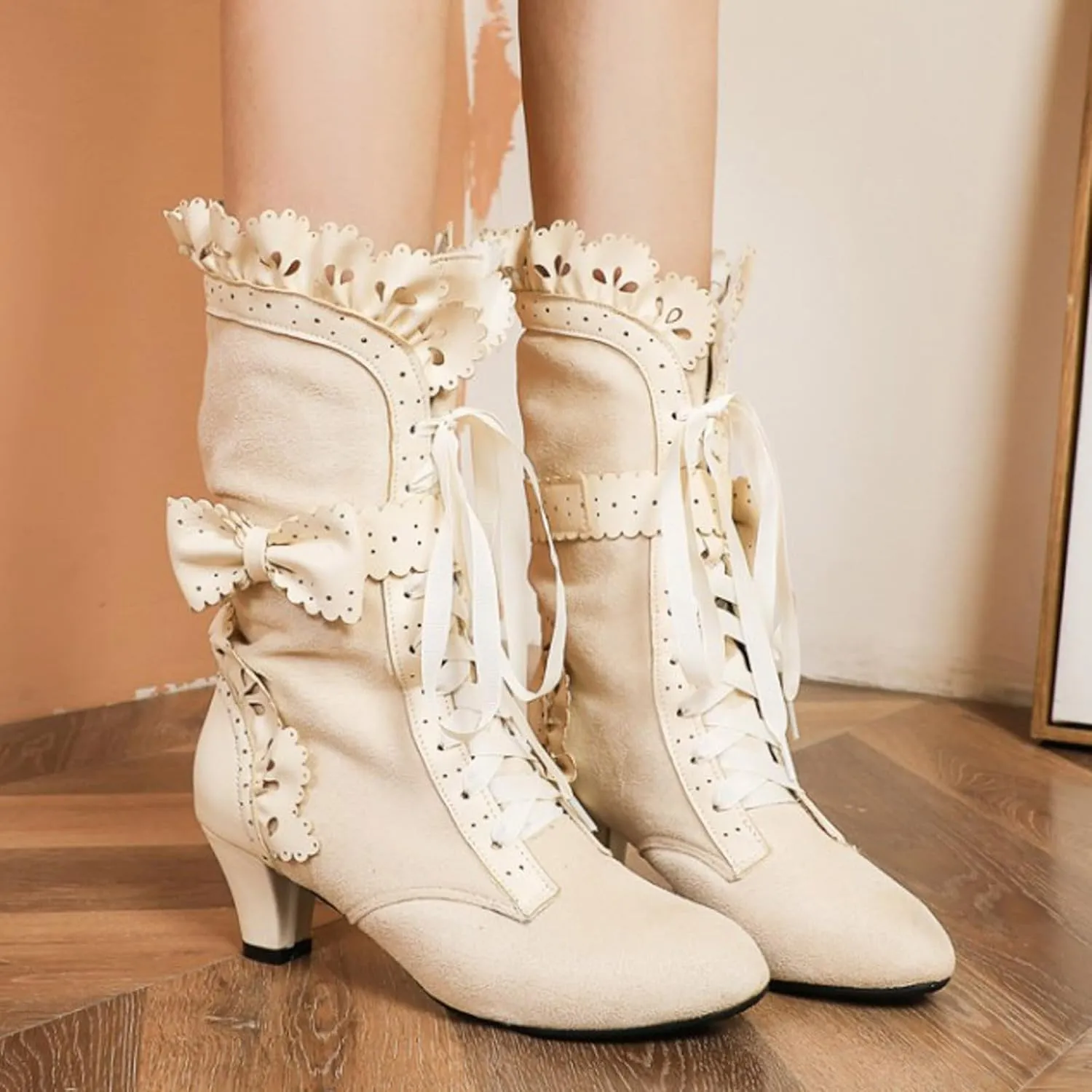 Cathalem Victorian Boots for Women Vintage Bow Ruffles Goth Boots Costume Vintage Lace up Boots with Zipper 70S Retro Boots
