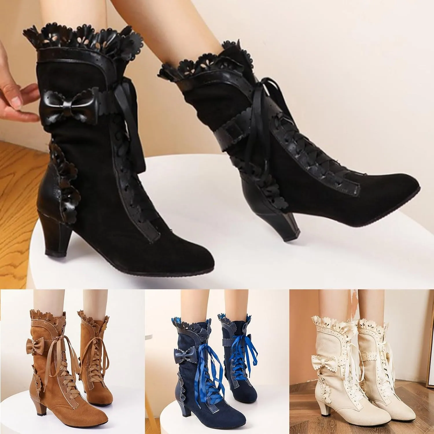 Cathalem Victorian Boots for Women Vintage Bow Ruffles Goth Boots Costume Vintage Lace up Boots with Zipper 70S Retro Boots