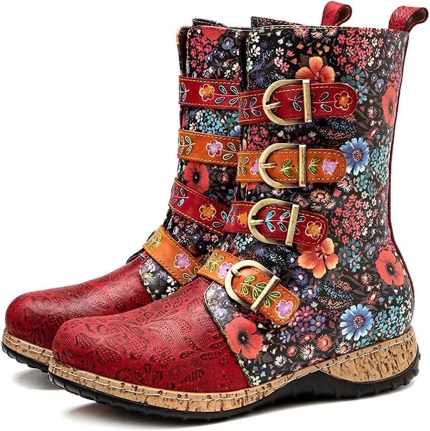 CrazycatZ Womens Leather Bohemian Knee High Boots Lace Up Patterned Long Boots