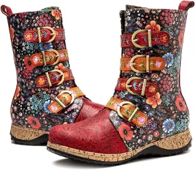 CrazycatZ Womens Leather Bohemian Knee High Boots Lace Up Patterned Long Boots