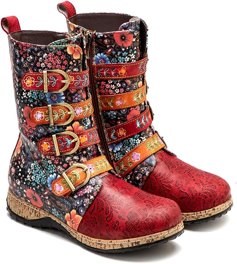 CrazycatZ Womens Leather Bohemian Knee High Boots Lace Up Patterned Long Boots