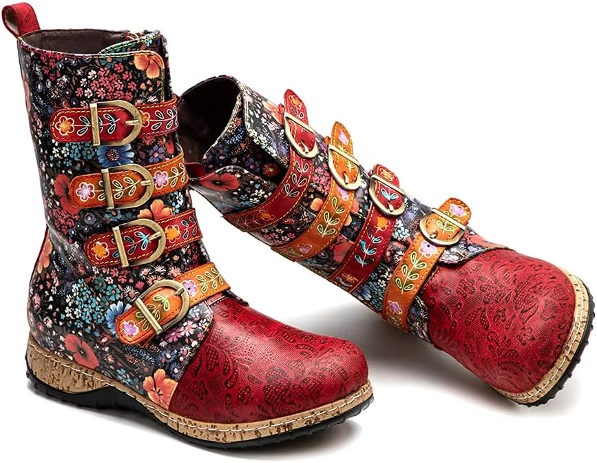 CrazycatZ Womens Leather Bohemian Knee High Boots Lace Up Patterned Long Boots