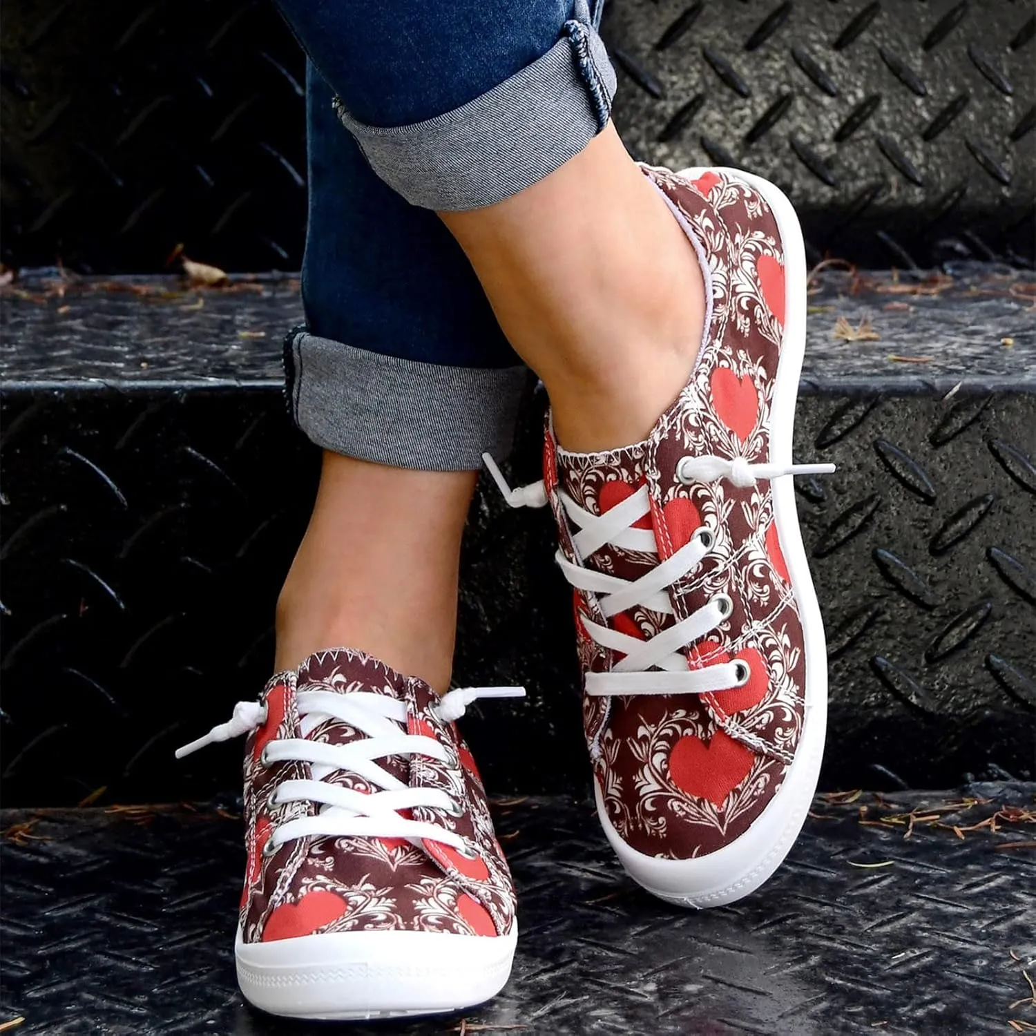 CsgrFagr Women Shoes Casual Valentine Day Love Printing Sports Shoes Canvas Fashion Casual Mens Lace up Casual Shoes (Red, 6.5)
