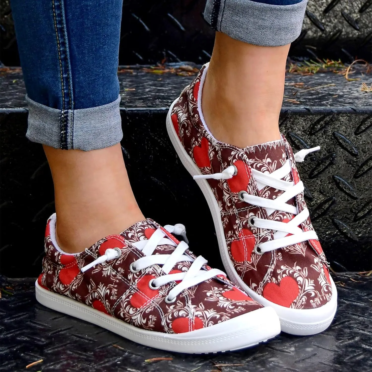 CsgrFagr Women Shoes Casual Valentine Day Love Printing Sports Shoes Canvas Fashion Casual Mens Lace up Casual Shoes (Red, 6.5)