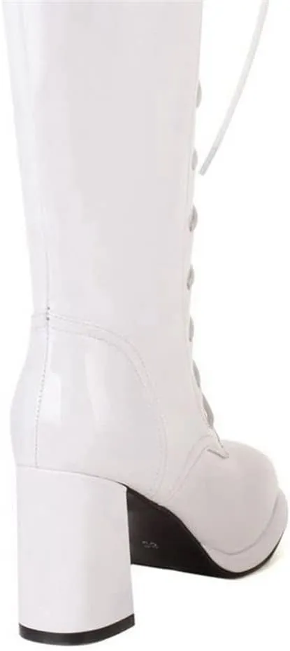 Elbslutt Women's Lace Up Knee High Boots Wide Calf Patent Leather Chunky Heeled Combat Long Boots