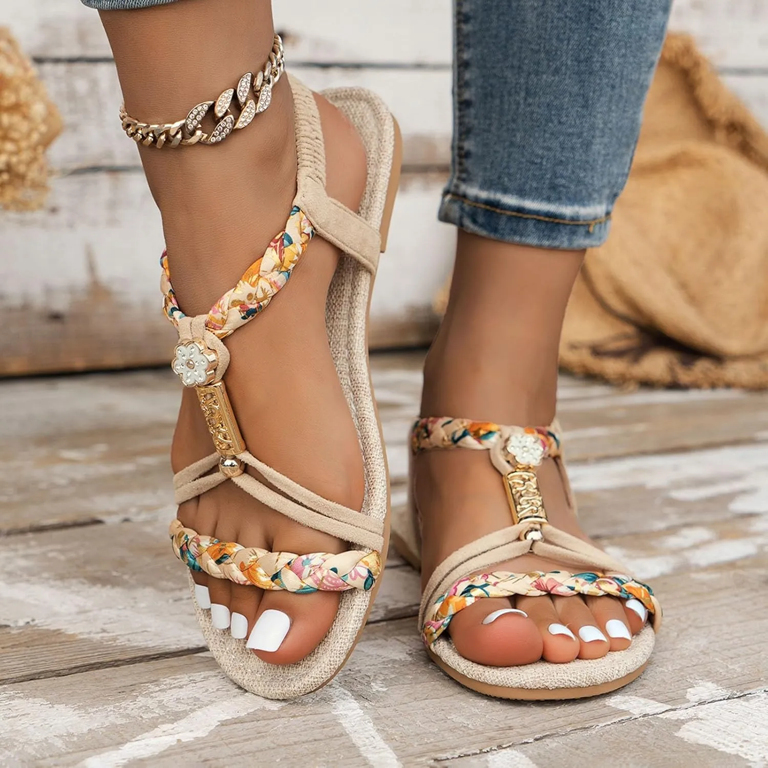 Flat Sandals For Women,Rhinestone Bohemian Braided Flat Sandals Comfortable Walking Casual Beach Ankle Elastic Summer Shoes