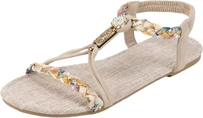 Flat Sandals For Women,Rhinestone Bohemian Braided Flat Sandals Comfortable Walking Casual Beach Ankle Elastic Summer Shoes