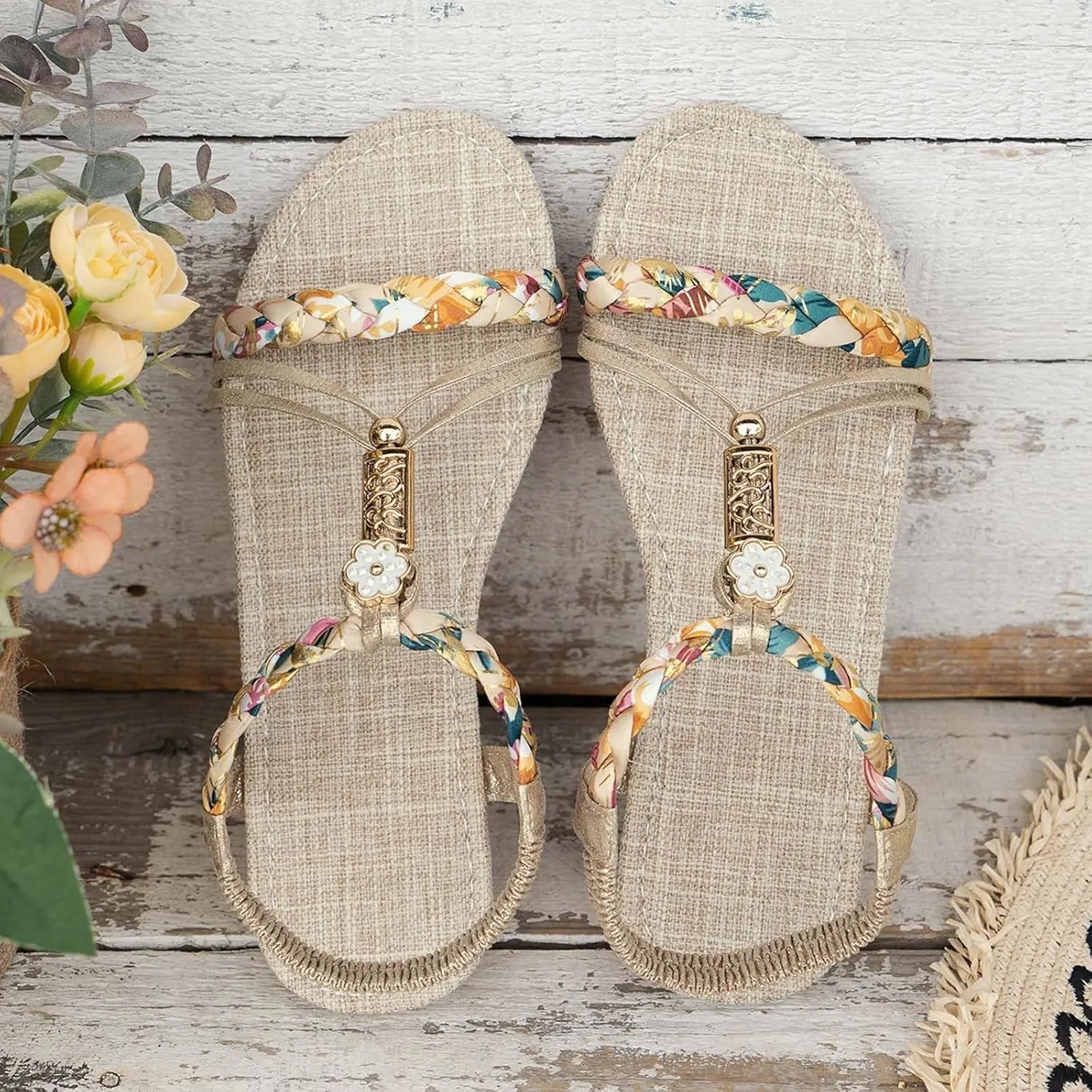 Flat Sandals For Women,Rhinestone Bohemian Braided Flat Sandals Comfortable Walking Casual Beach Ankle Elastic Summer Shoes