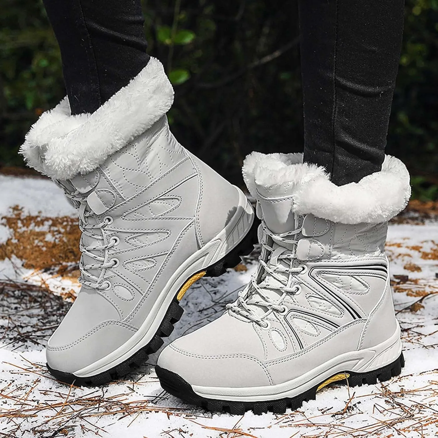 Fur Snow Boots For Women Wide Width Furry Boots Waterproof Ankle Boots Warm Winter Boots Mid-Calf Boots