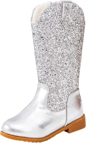 Girls Cowgirl Boots Mid Calf Square Toe Western Boot for Kids Sparkly Glitter Cowboy Boots Toddler Girls Outdoor Shoe