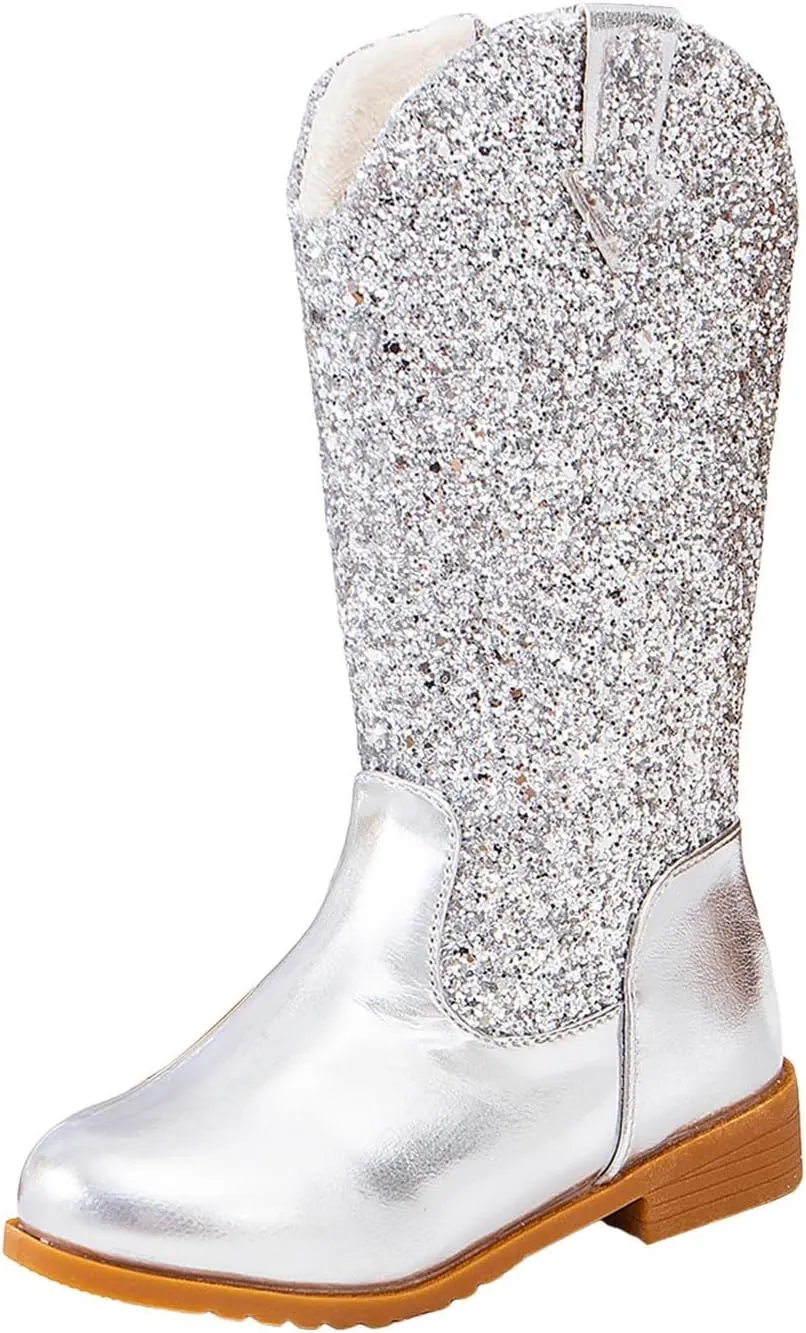 Girls Cowgirl Boots Mid Calf Square Toe Western Boot for Kids Sparkly Glitter Cowboy Boots Toddler Girls Outdoor Shoe