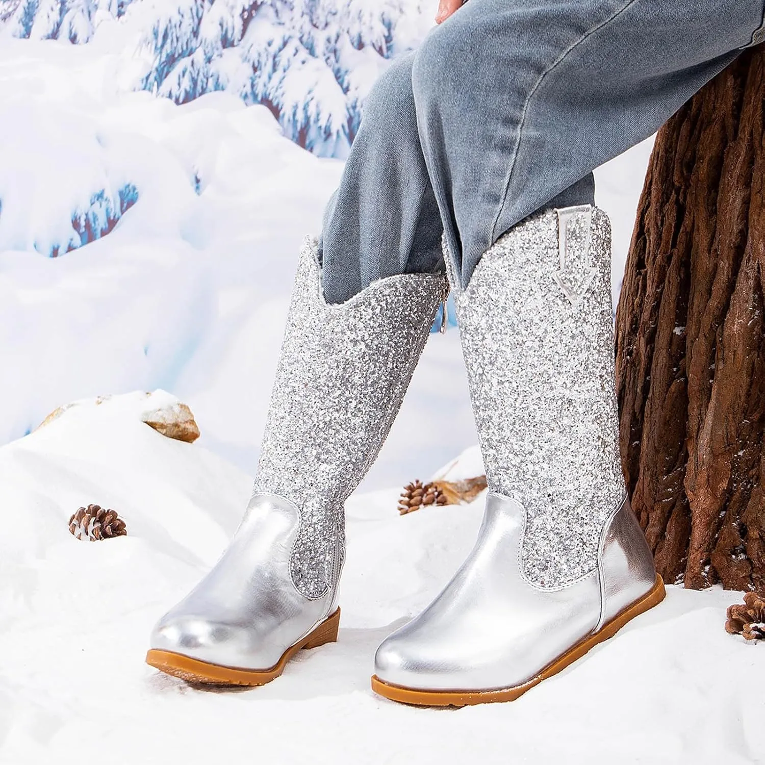 Girls Cowgirl Boots Mid Calf Square Toe Western Boot for Kids Sparkly Glitter Cowboy Boots Toddler Girls Outdoor Shoe