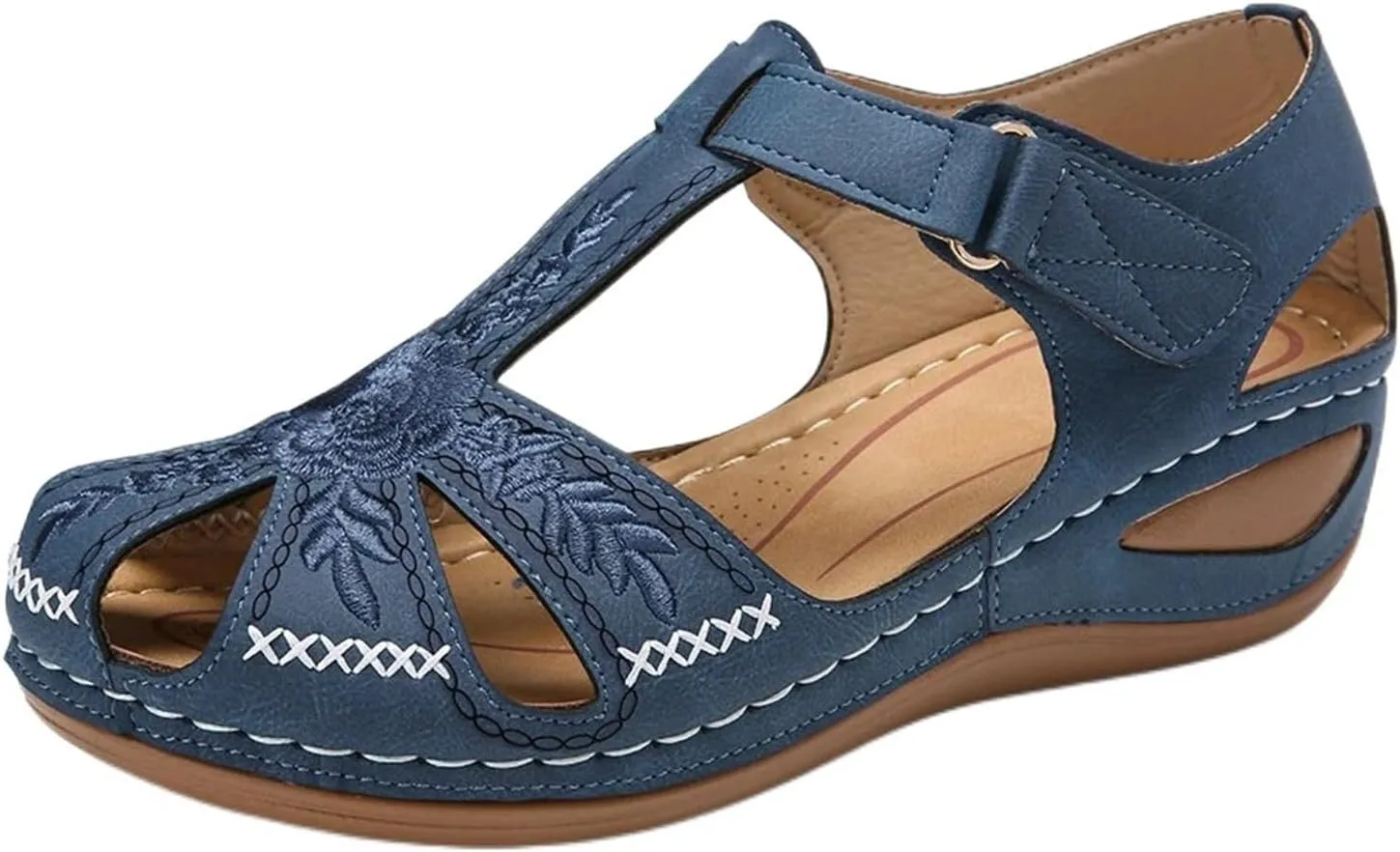 Gladiator Sandals for Women Comfortable Wide Width Lightweight Slides Sandals Hollow Out Closed Toe Wedge Sandals Retro Walking Shoes with Adjustable Hook And Loop