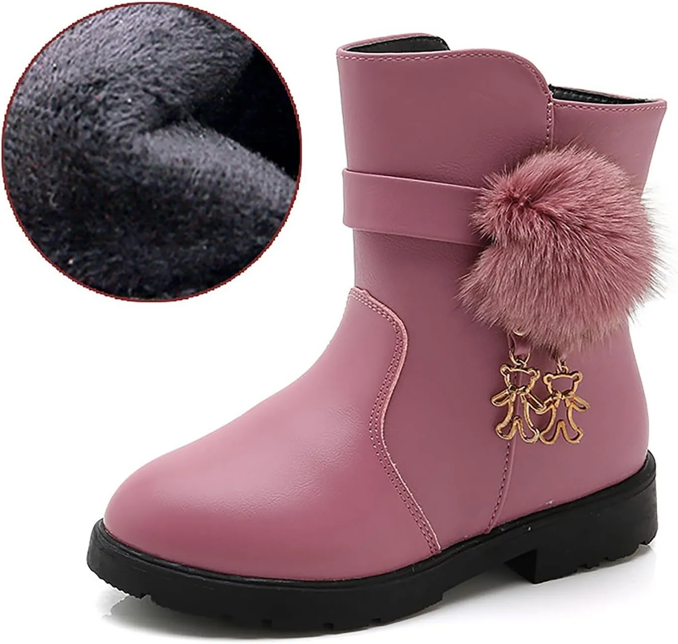 Kids Girls PU Leather Short Boots Lightweight Comfortable Side Zipper Puffy Ankle Booties Leather Boots