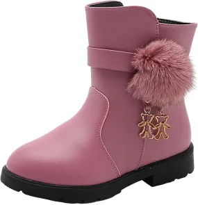 Kids Girls PU Leather Short Boots Lightweight Comfortable Side Zipper Puffy Ankle Booties Leather Boots