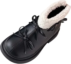 Kids Girls Winter Fleece Ankle Boots Fashion Cute Bowknot PU Leather Shepa Soft Warm Faux  Super Girls Boots