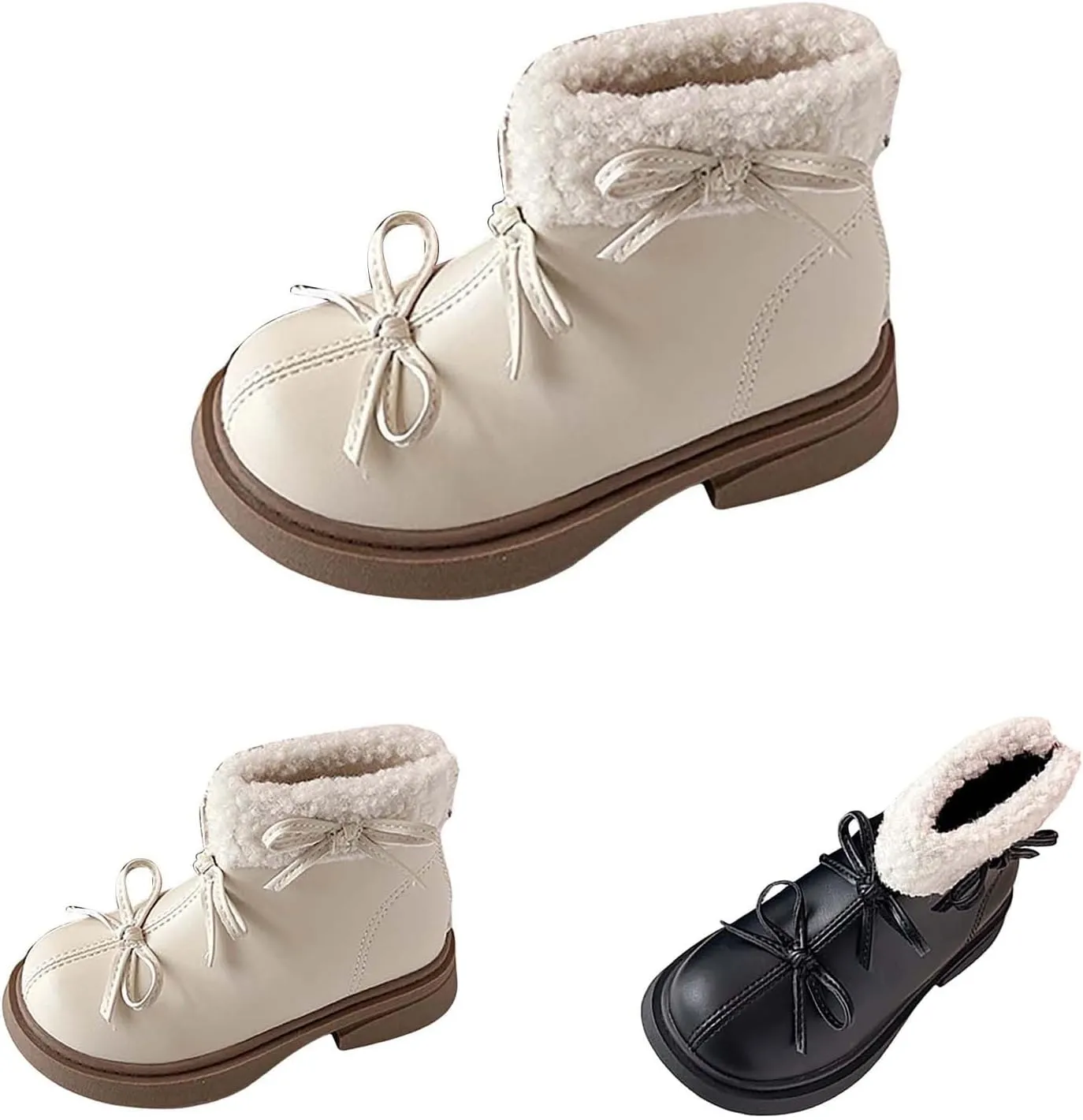 Kids Girls Winter Fleece Ankle Boots Fashion Cute Bowknot PU Leather Shepa Soft Warm Faux  Super Girls Boots