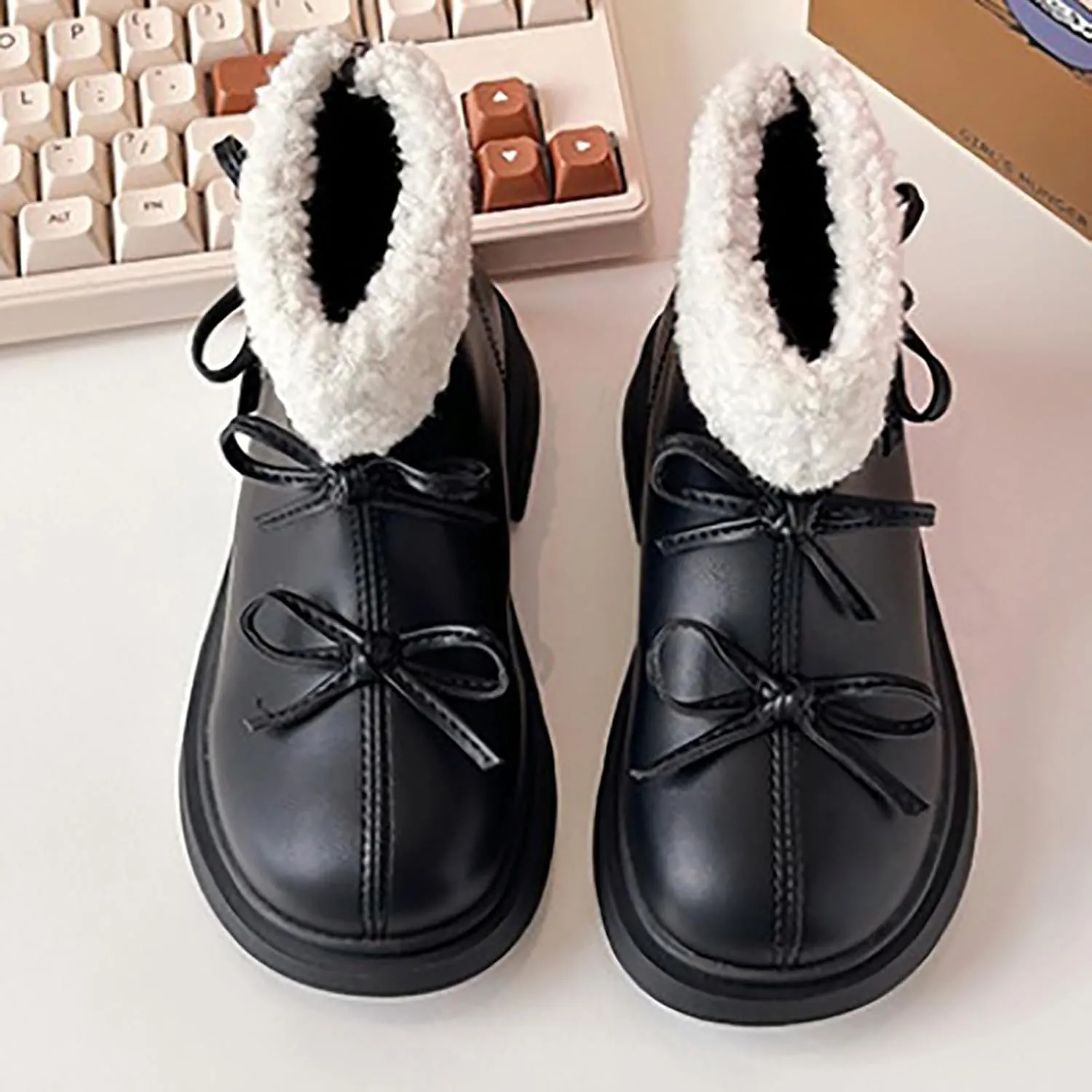 Kids Girls Winter Fleece Ankle Boots Fashion Cute Bowknot PU Leather Shepa Soft Warm Faux  Super Girls Boots