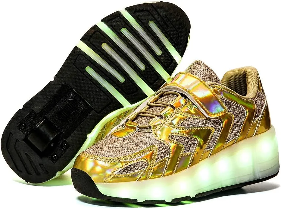 Kids Roller Skate Shoes with Single Wheel Shoes Sport Sneaker Led Rechargeable Retractable Flashing Sneakers for Unisex Girls Boys Beginners Gift Gold-USA 12