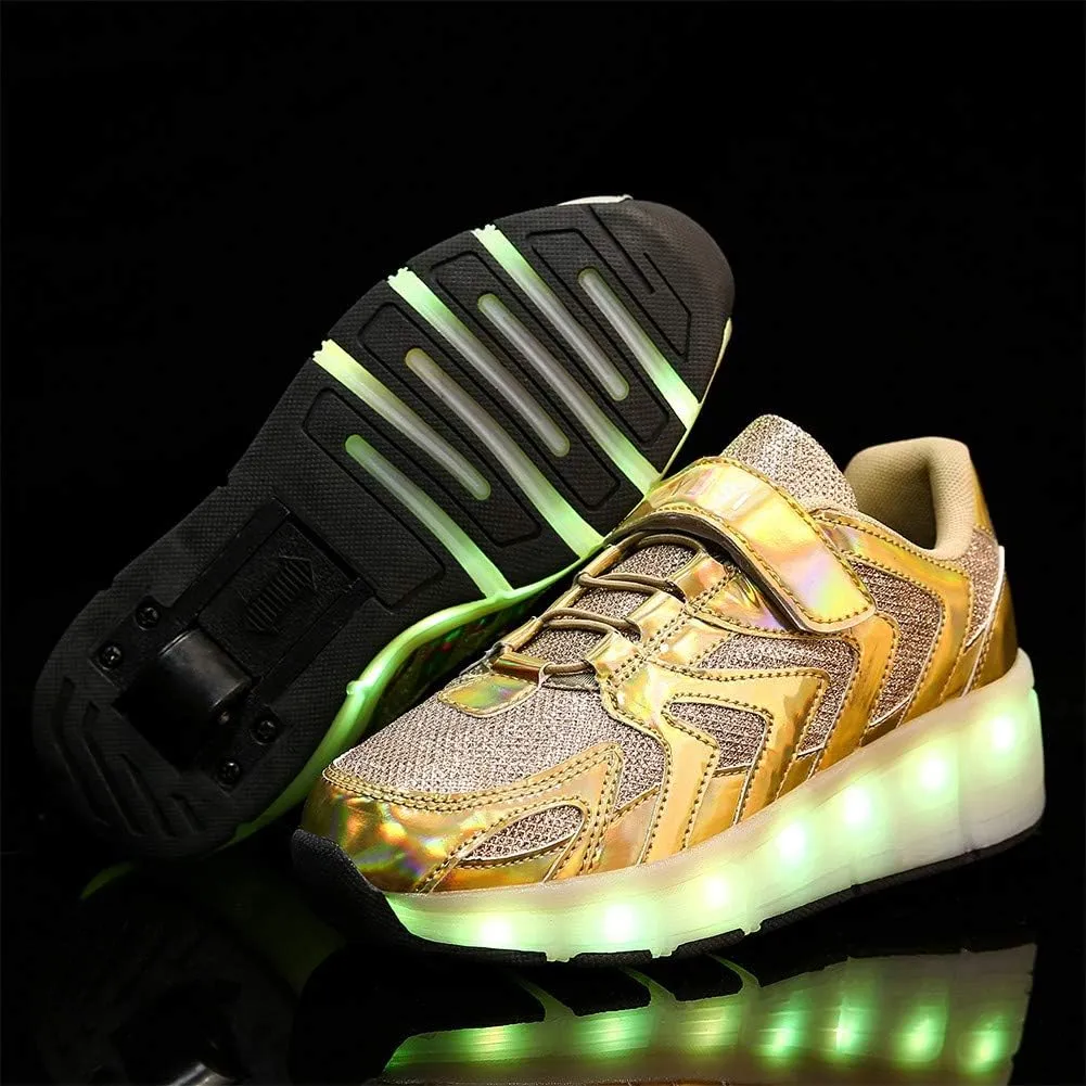 Kids Roller Skate Shoes with Single Wheel Shoes Sport Sneaker Led Rechargeable Retractable Flashing Sneakers for Unisex Girls Boys Beginners Gift Gold-USA 12