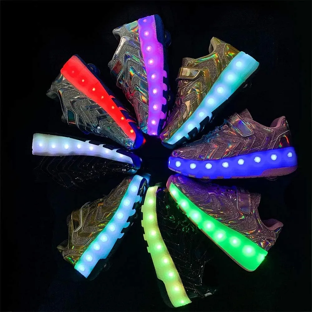 Kids Roller Skate Shoes with Single Wheel Shoes Sport Sneaker Led Rechargeable Retractable Flashing Sneakers for Unisex Girls Boys Beginners Gift Gold-USA 12