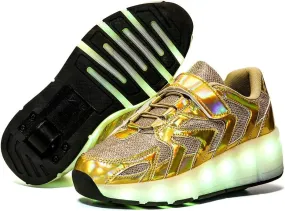 Kids Roller Skate Shoes with Single Wheel Shoes Sport Sneaker Led Rechargeable Retractable Flashing Sneakers for Unisex Girls Boys Beginners Gift Gold-USA 12