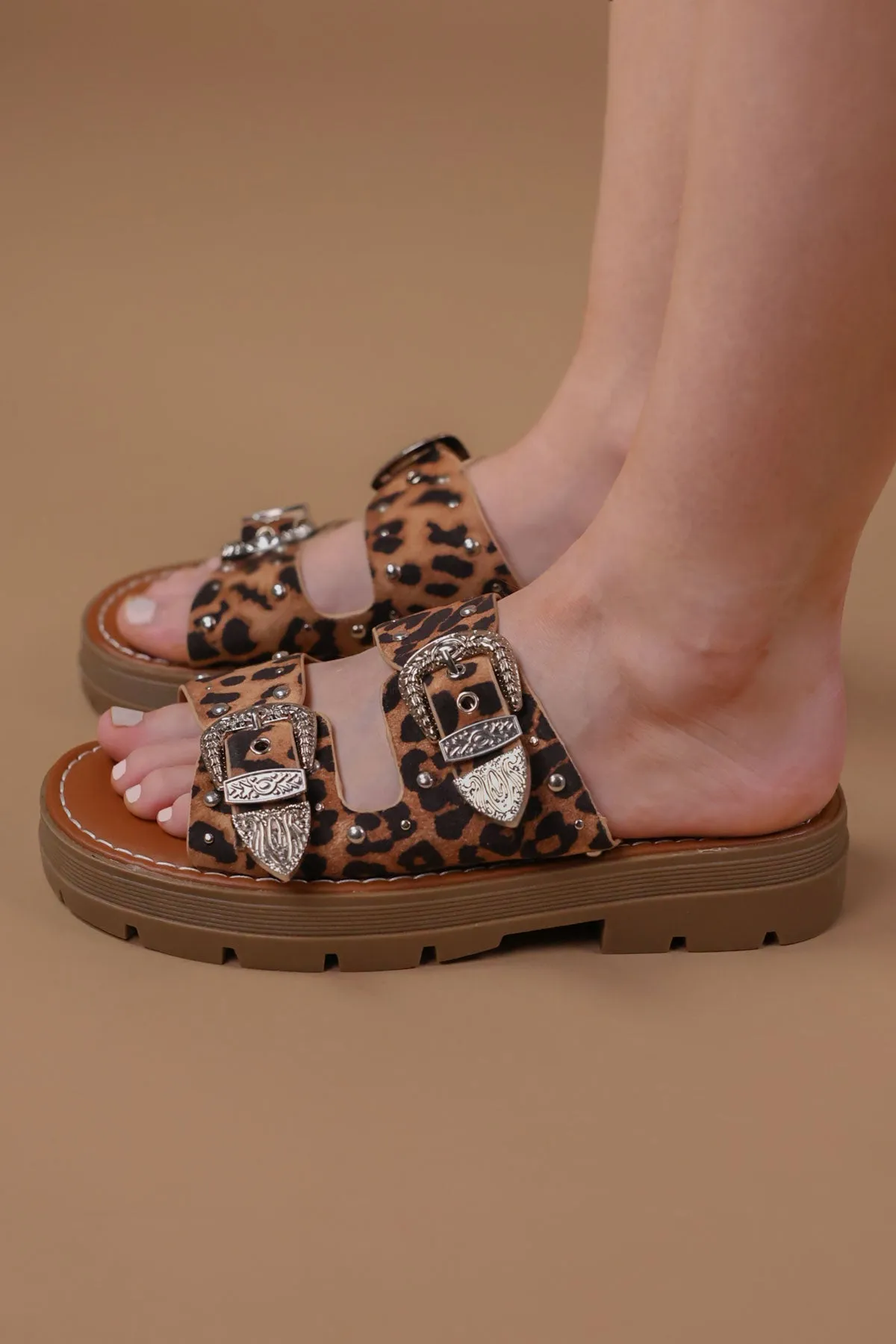 Leopard Chunky Western Studded Buckle Sandals