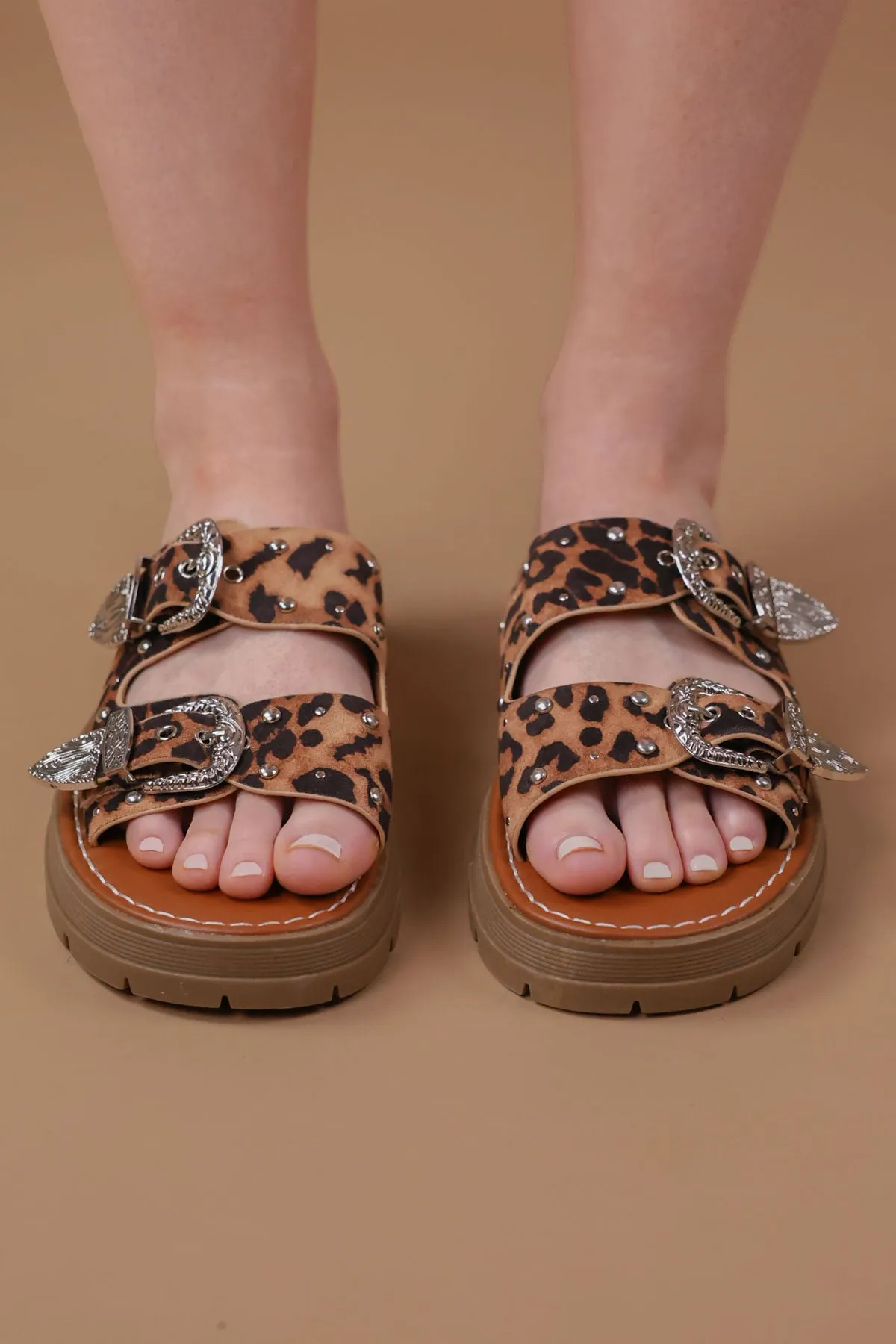Leopard Chunky Western Studded Buckle Sandals