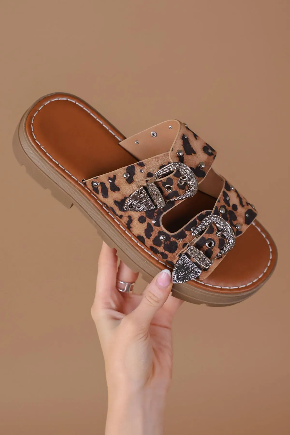 Leopard Chunky Western Studded Buckle Sandals