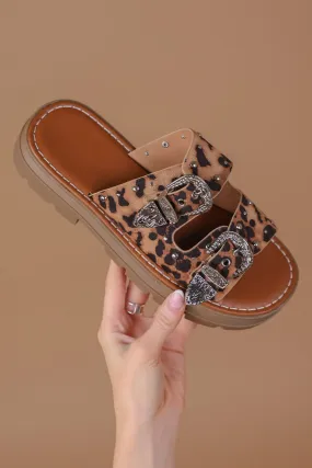 Leopard Chunky Western Studded Buckle Sandals