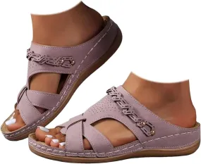 Orthopedic Sandals for Women Arch Support, Women Dressy Comfortable Slip On Flat Sandals Open Toe Memory Foam Wedges Casual Walking Sandal Boho Beach Summer Slide Sandal
