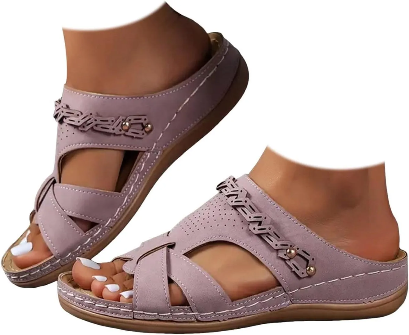 Orthopedic Sandals for Women Arch Support, Women Dressy Comfortable Slip On Flat Sandals Open Toe Memory Foam Wedges Casual Walking Sandal Boho Beach Summer Slide Sandal