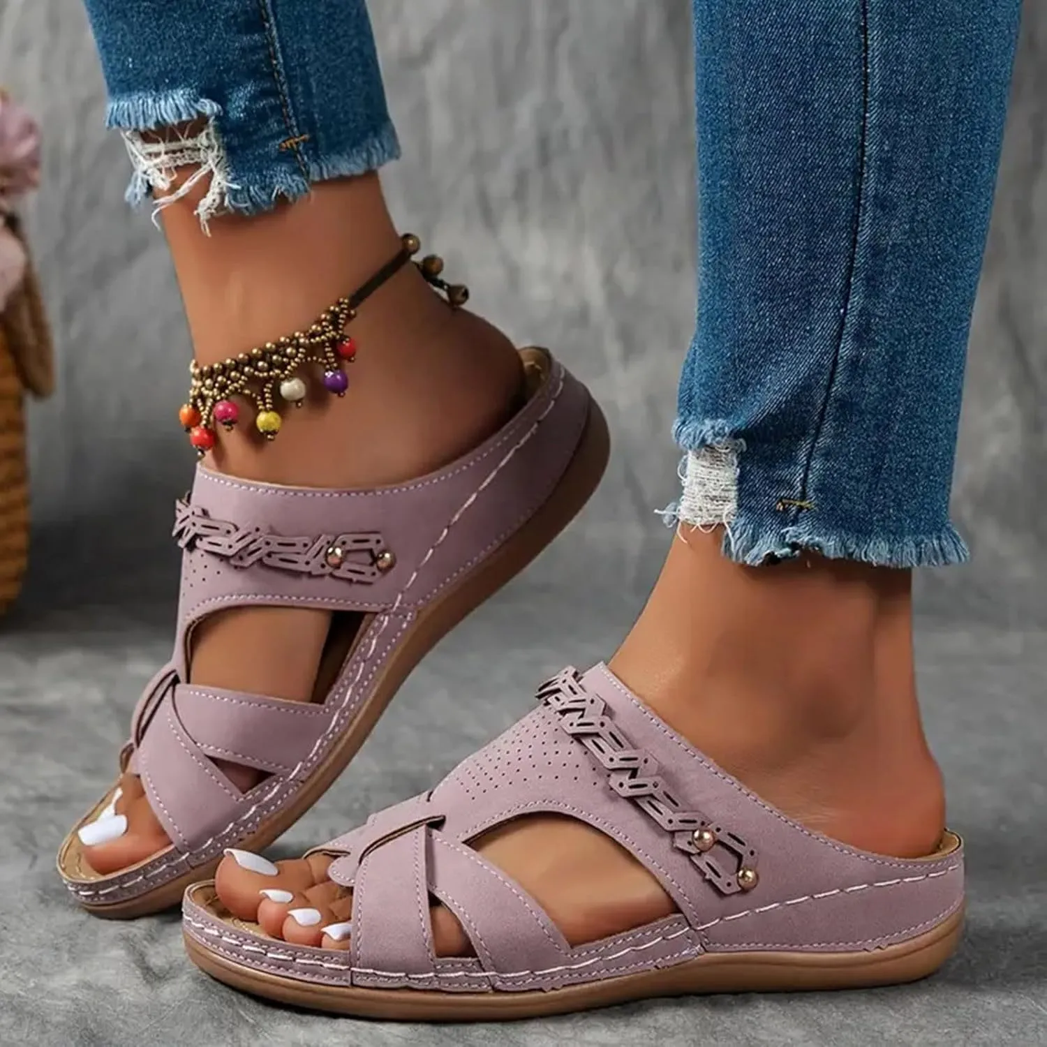 Orthopedic Sandals for Women Arch Support, Women Dressy Comfortable Slip On Flat Sandals Open Toe Memory Foam Wedges Casual Walking Sandal Boho Beach Summer Slide Sandal