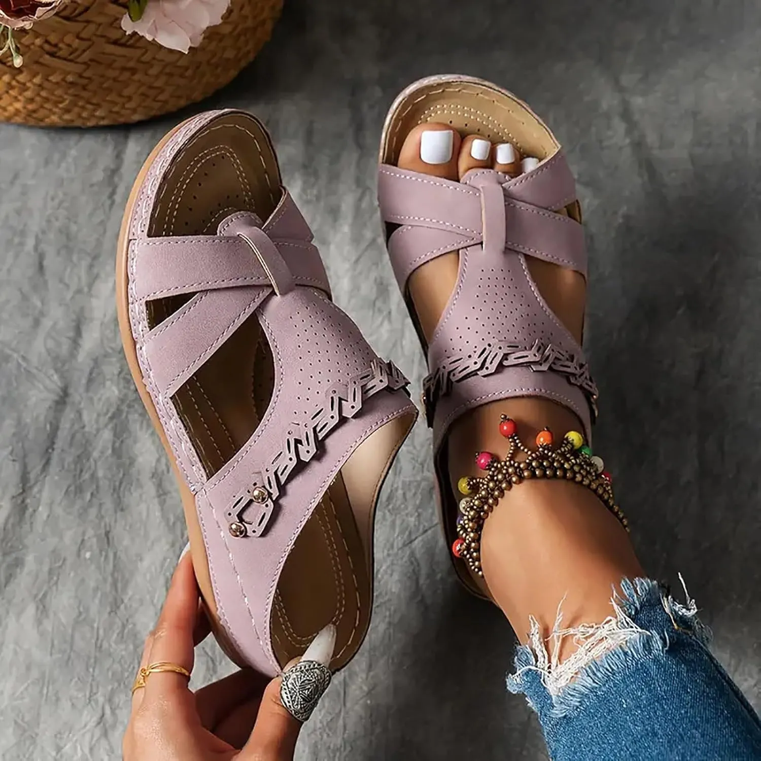 Orthopedic Sandals for Women Arch Support, Women Dressy Comfortable Slip On Flat Sandals Open Toe Memory Foam Wedges Casual Walking Sandal Boho Beach Summer Slide Sandal