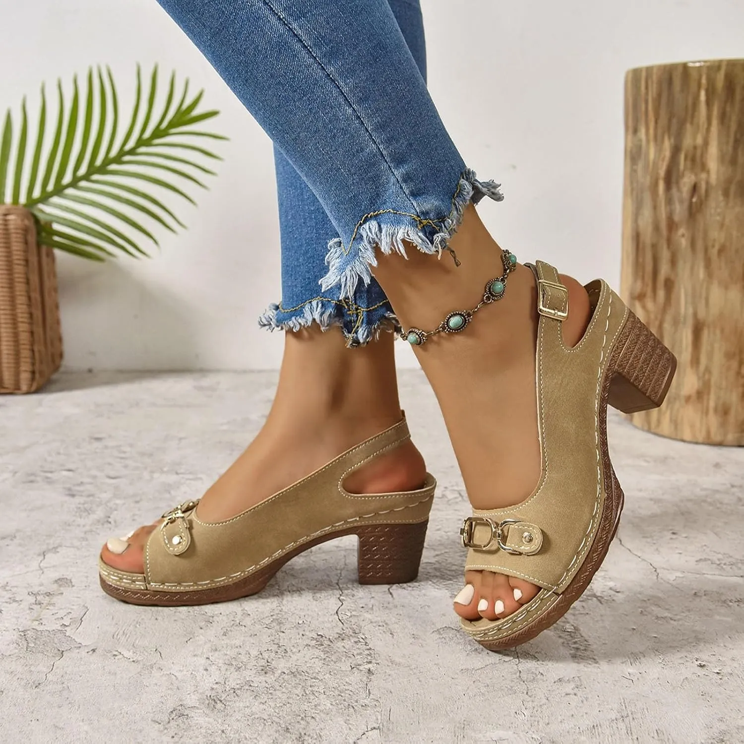 Orthopedic Sandals for Women Strappy Low Chunky Block Heel Sandals Adjustable Slingback Open Toe Heeled Sandal Beach Dress Comfortable Outdoor Shoes