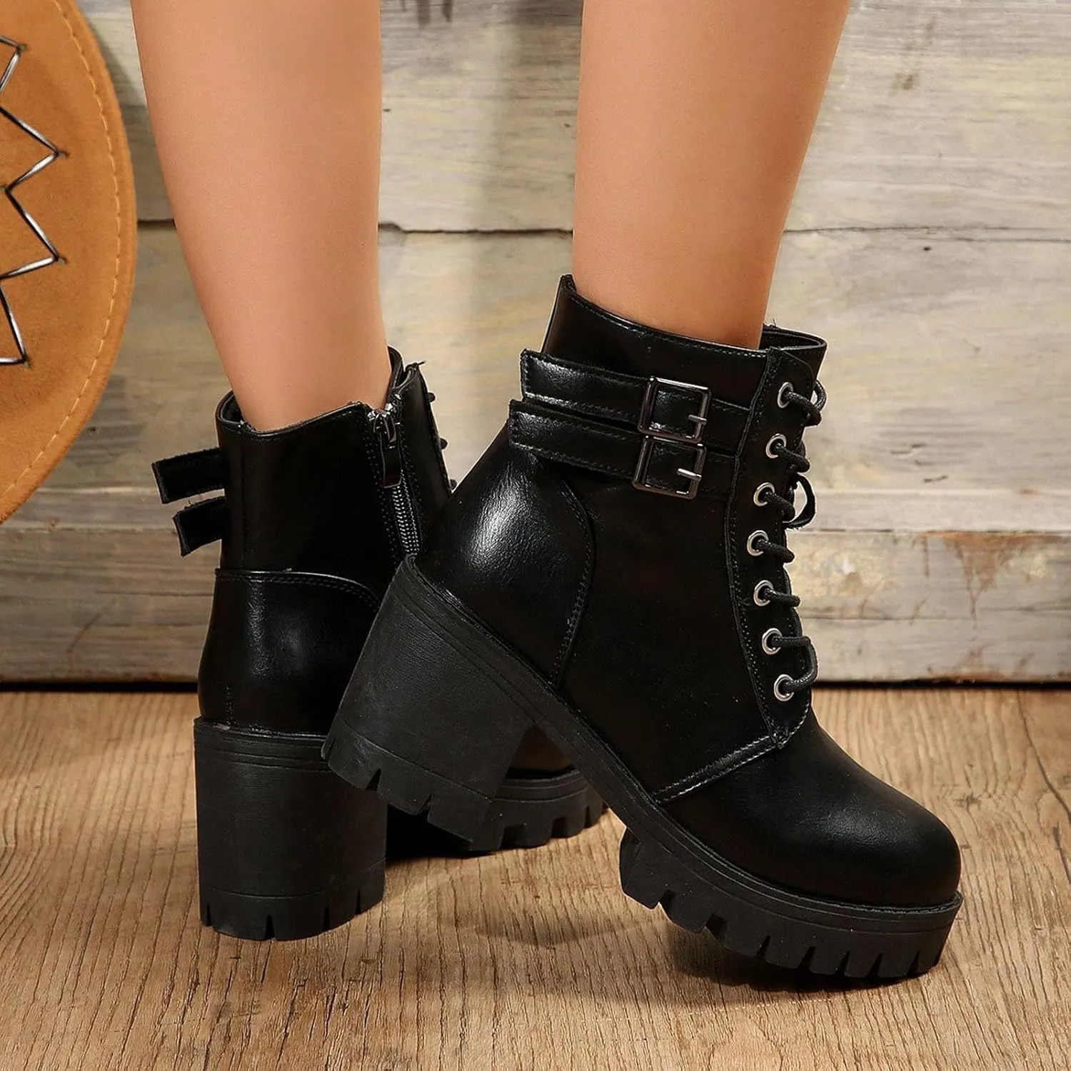 Platform Wedge Boots for Women,Lace-Up Multi Buckle Strap Ankle Boots Non-Slip Rubber Lug Sole Waterproof Casual Walking High Heels Chunky Bottom Goth Punk Round Toe Motorcycle Combat Boots