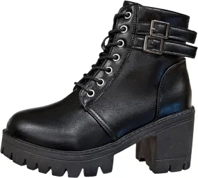 Platform Wedge Boots for Women,Lace-Up Multi Buckle Strap Ankle Boots Non-Slip Rubber Lug Sole Waterproof Casual Walking High Heels Chunky Bottom Goth Punk Round Toe Motorcycle Combat Boots