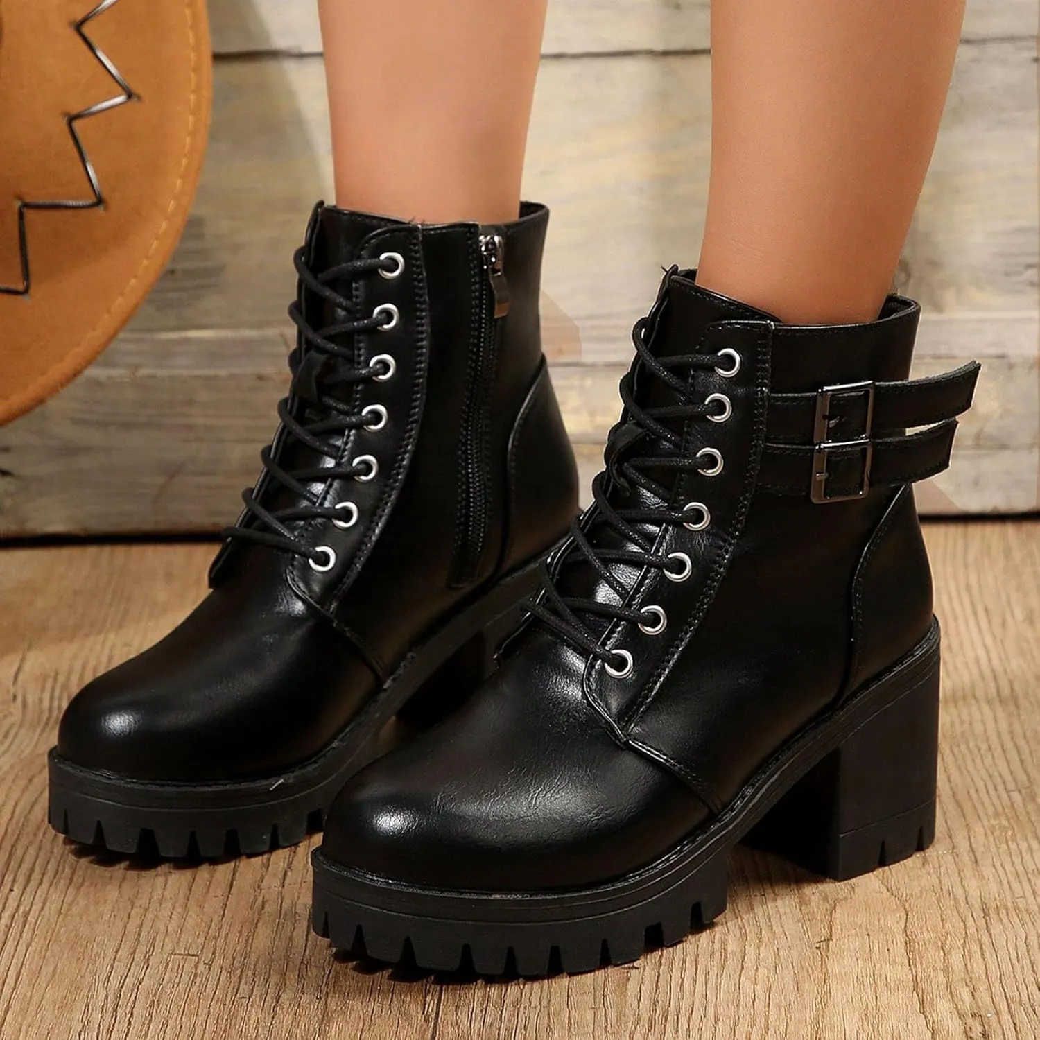 Platform Wedge Boots for Women,Lace-Up Multi Buckle Strap Ankle Boots Non-Slip Rubber Lug Sole Waterproof Casual Walking High Heels Chunky Bottom Goth Punk Round Toe Motorcycle Combat Boots