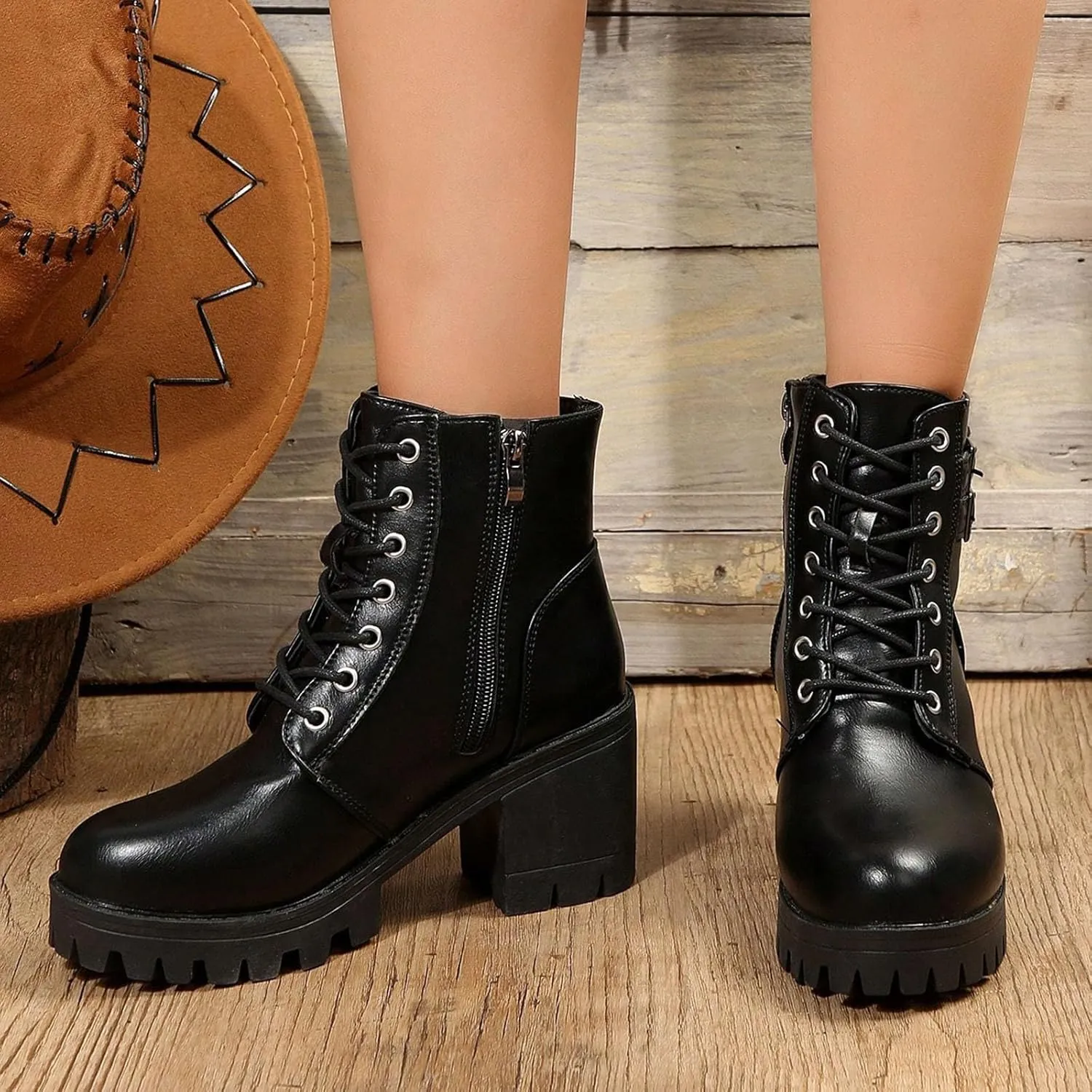 Platform Wedge Boots for Women,Lace-Up Multi Buckle Strap Ankle Boots Non-Slip Rubber Lug Sole Waterproof Casual Walking High Heels Chunky Bottom Goth Punk Round Toe Motorcycle Combat Boots