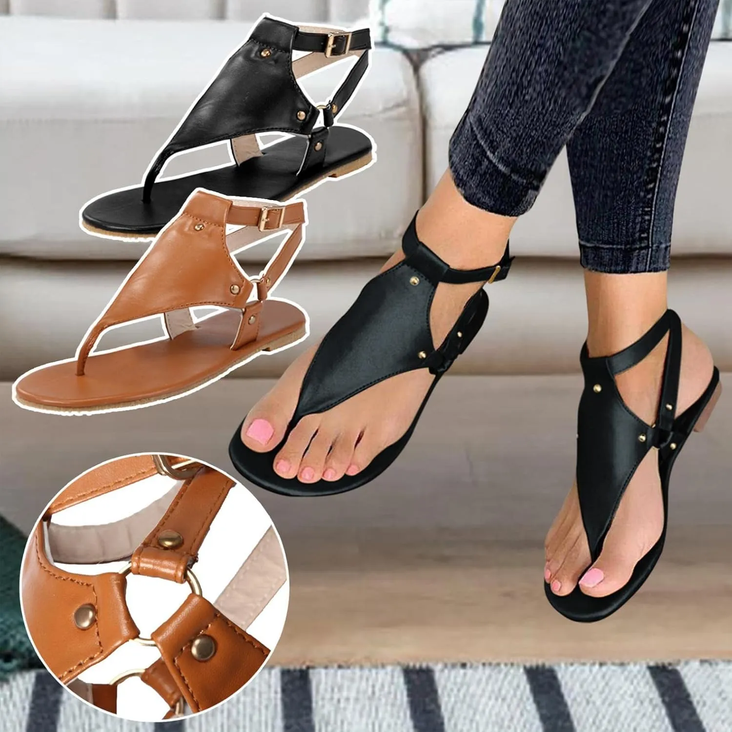 Sandals for Women Roman Sandals Slip-On Ankle Strap Flip Flop Open Toe Casual Summer Beach Gladiator Flat Sandal