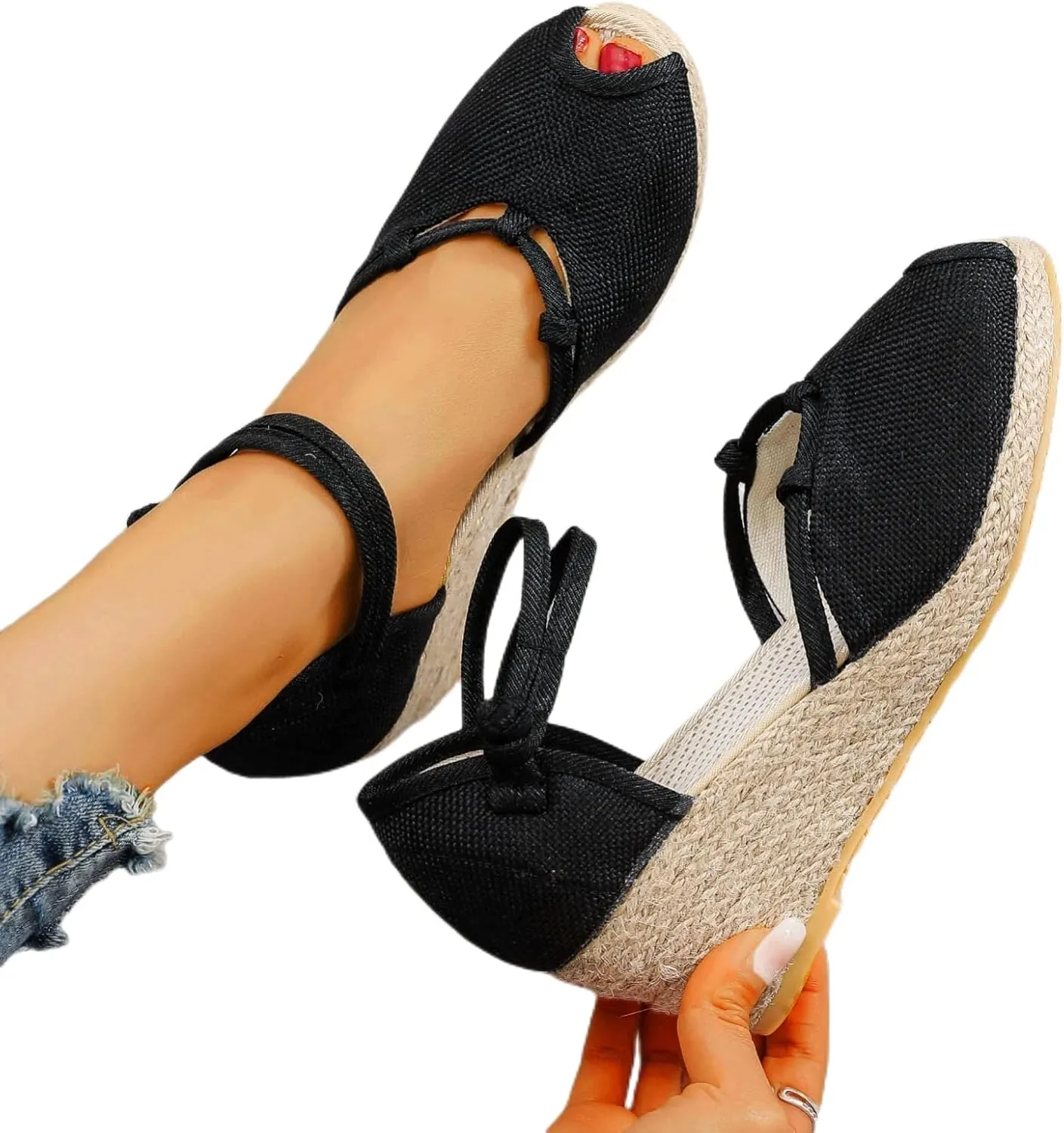 Smoneyful Women Ankle Strap Closed Toe Espadrille Sandals Wedge Heels Retro Platform Buckle Strap Casual for Summer