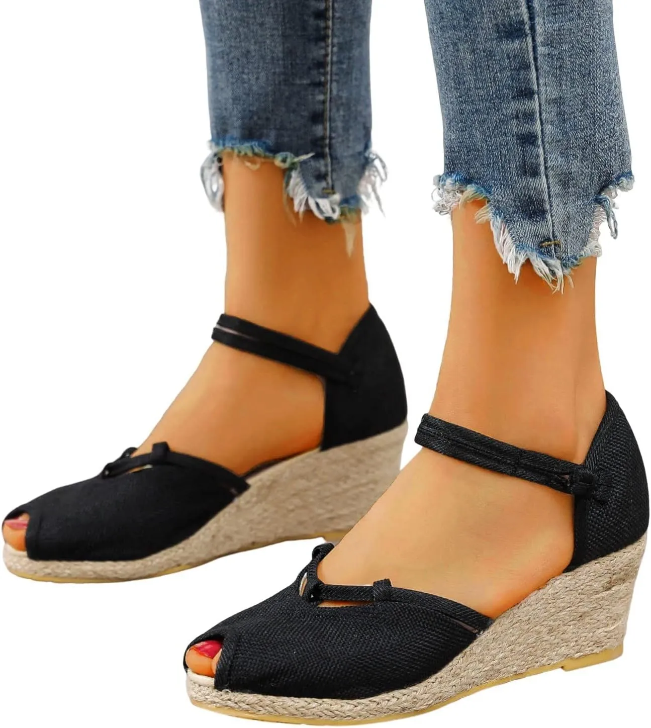 Smoneyful Women Ankle Strap Closed Toe Espadrille Sandals Wedge Heels Retro Platform Buckle Strap Casual for Summer