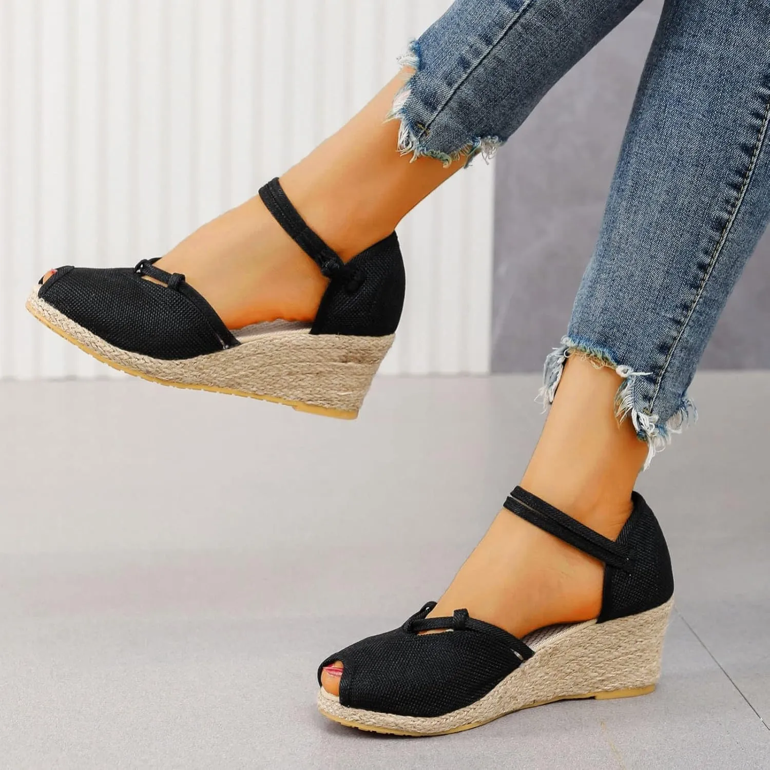 Smoneyful Women Ankle Strap Closed Toe Espadrille Sandals Wedge Heels Retro Platform Buckle Strap Casual for Summer