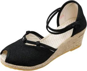 Smoneyful Women Ankle Strap Closed Toe Espadrille Sandals Wedge Heels Retro Platform Buckle Strap Casual for Summer