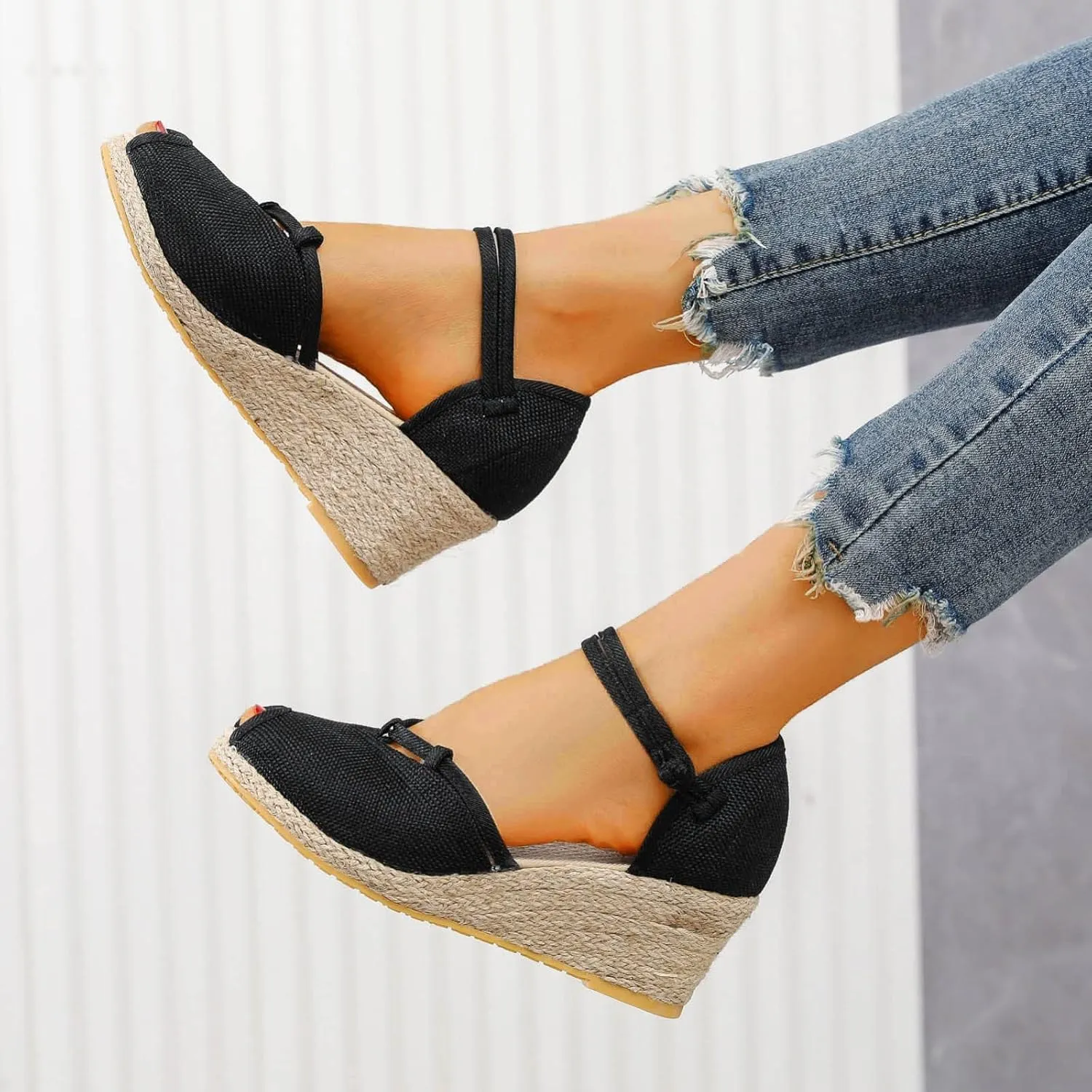 Smoneyful Women Ankle Strap Closed Toe Espadrille Sandals Wedge Heels Retro Platform Buckle Strap Casual for Summer