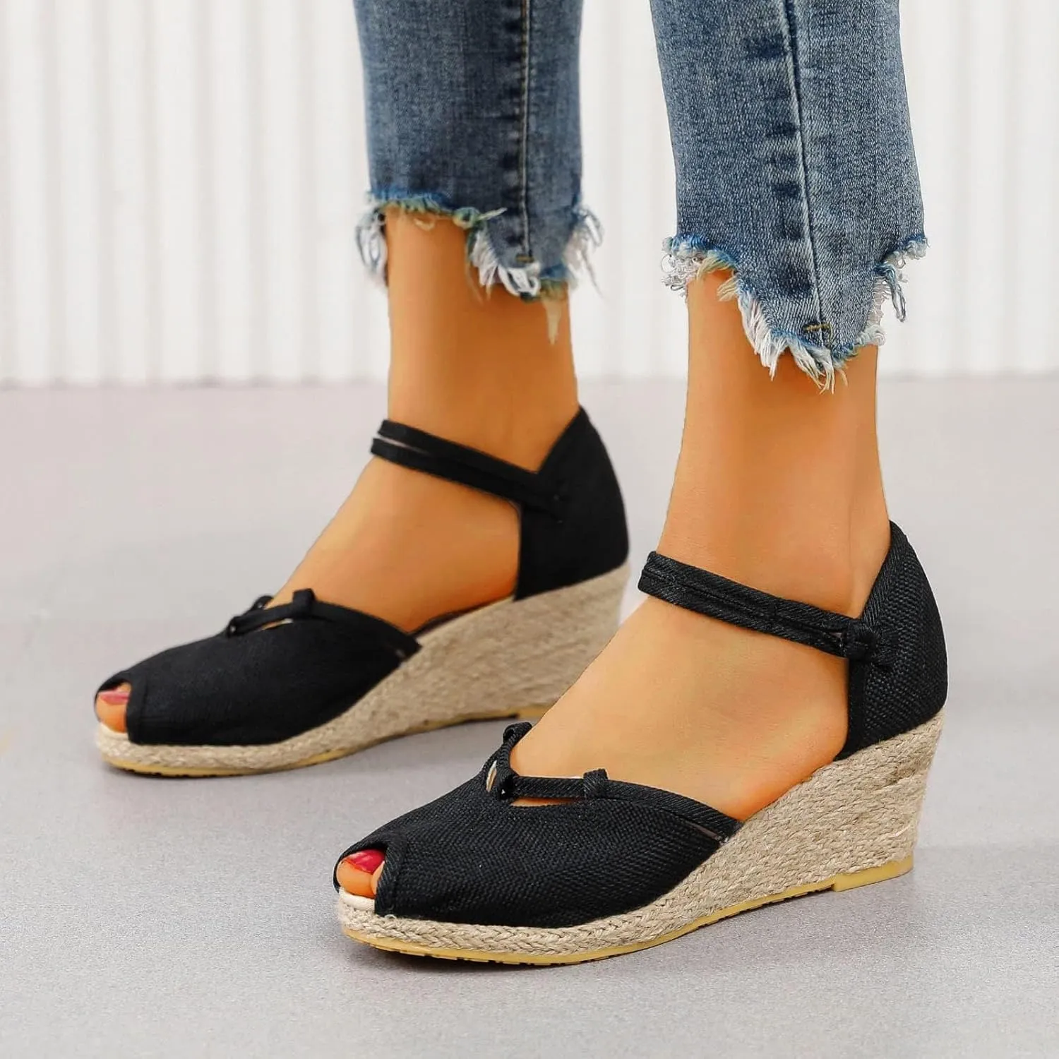 Smoneyful Women Ankle Strap Closed Toe Espadrille Sandals Wedge Heels Retro Platform Buckle Strap Casual for Summer